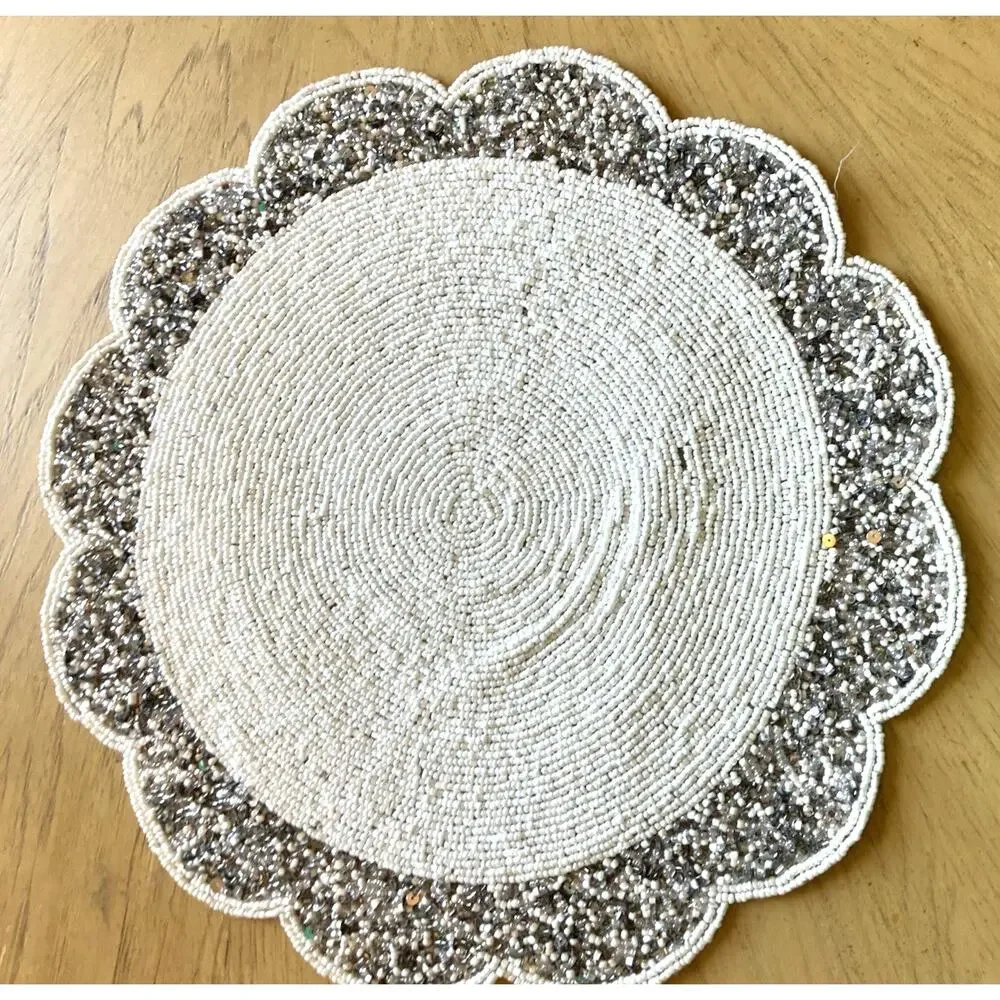 Tahari Heavily Beaded Round Placemat Silver Glass White Sequins Wedding Holiday